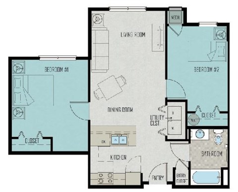 Floor plan for 2 beds, 1 bath, 789 sqft